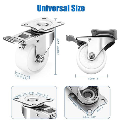 2 Inch Stainless Steel Caster Wheels Set of 4, Anti-Rust Outdoor Swivel Casters with Brake, Durable Polyamide PA Wheels for Furnitures,Labs,Restaurants