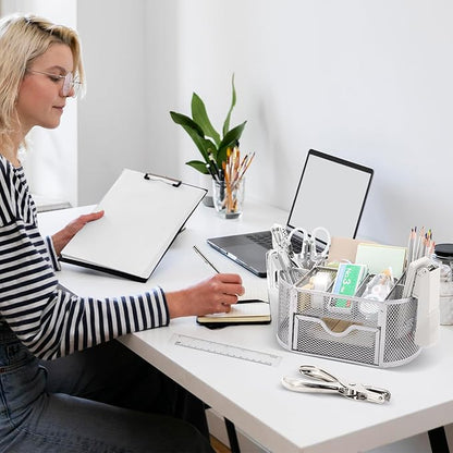 17 in1 Silvery Desk Organizers and Accessories Set, 3 Office Desk Supplies Storage Organization, 4 Pens, Stapler, Staples & Remover, Tape & Dispenser, Scissors, Ruler, Clips, Hole Punch Back to School