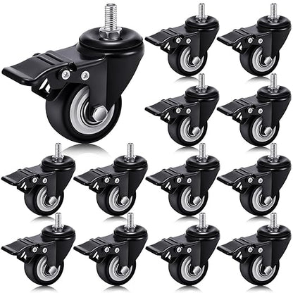 Set of 12 M8 Caster Wheels 1.5 Inch M8 x 25 mm Swivel Threaded Stem Caster Locking Standing Desk Wheels Heavy Duty 360° Polyurethane with Dual Brake, No Noise, 400 lb for Cart Desk Furniture