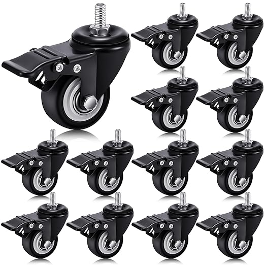 Set of 12 M10 Caster Wheels 1.5 Inch M10 x 15 mm Swivel Threaded Stem Caster Locking Standing Desk Wheels Heavy Duty 360° Polyurethane with Dual Brake, No Noise 400 lb for Cart Desk Furniture