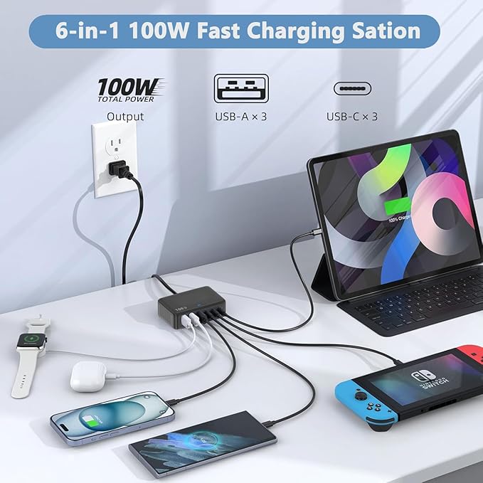 USB C Charger Block Charging Station, 100W 6Port GaN Fast Charging Brick Hub PD 3.0 USB C QC USB A Charger Cube Box Wall Charger Power Adapter for iPhone 16 15 14 13 Pro Max iPad Samsung Android Pixel