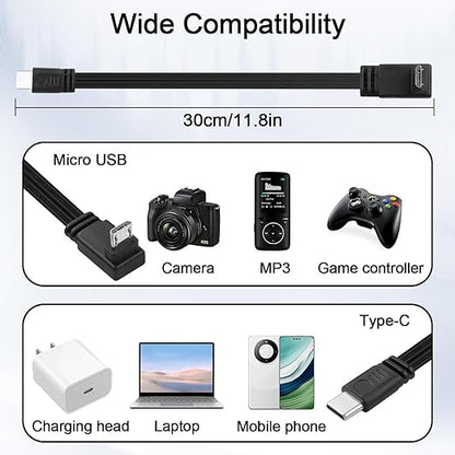 Flexible USB Type-C to Micro USB Cable,90 Degree Micro 5pin to USB C Flat Data Cable,Type C-to-Micro Short Flat Cable Supporting Charging& DataTransfer,for Phone,Camera,Laptop-30CM (Down)