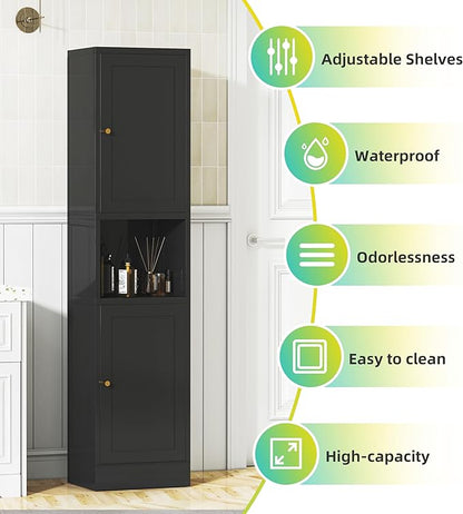 Tall Narrow Storage Cabinet - 67" Slim Bathroom Organizer with 3 Adjustable Shelves, 2 Doors (Left/Right Opening),Metal Floor Cabinet for Small Spaces, Bathroom & Kitchen (Metal, Black)