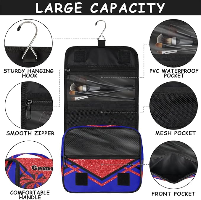 Custom Hanging Toiletry Bag for Women, Cheer Makeup Bag, Cosmetic Bag, Travel Essentials for Women Red Sequins Glitter Black Royal Blue