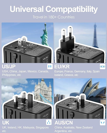 Universal Travel Adapter GaN 65W Fast Charger, 3 USB C(Each/GaN 65W) & 1 USB A(PD 45W) Ports & 2500W AC Outlet, International Power Adapter High Power Travel Plug Adapter for Europe UK US AUS