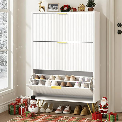 Slim Shoe Cabinet with 3 Flip Drawers, Fluted Shoe Cabinet Storage for Entryway, Narrow Shoe Storage Cabinet, Modern Freestanding Shoe Rack Organizer for Entryway, White