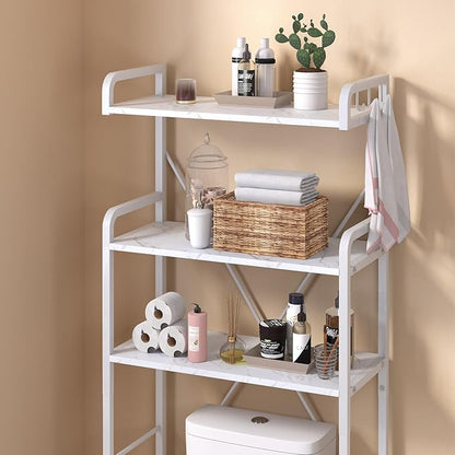 Over The Toilet Storage Rack with 3-Tier Bathroom Shelves, Space Saver Toilet Shelf, Bathroom Storage Organizer with Hooks for Over Toilet Storage and Bathroom Shelf (White Faux Marble)