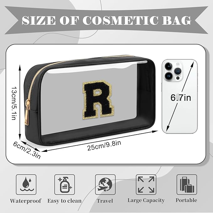 Personalized Initial Letter Clear Makeup Bag,Preppy Small Nylon&PVC Cosmetic Zipper Bag with Chenille Letter,Travel Skincare Toiletry Bag,Monogram Christmas Gift for Teen Girls Women,R