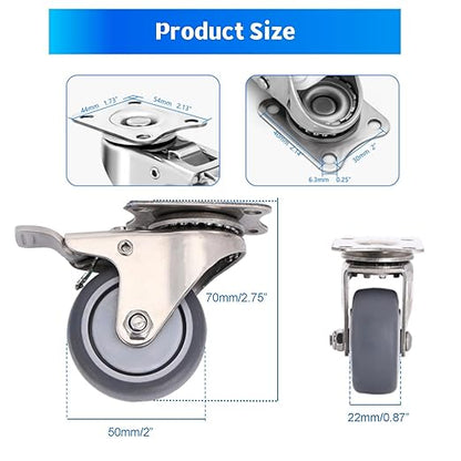 2 Inch Stainless Steel Caster Wheels Set of 4, Anti-Rust Swivel Casters with Brake, Silent and Floor-Friendly Thermoplastic Rubber Wheels for Furnitures,Labs,Hospitals,Restaurants