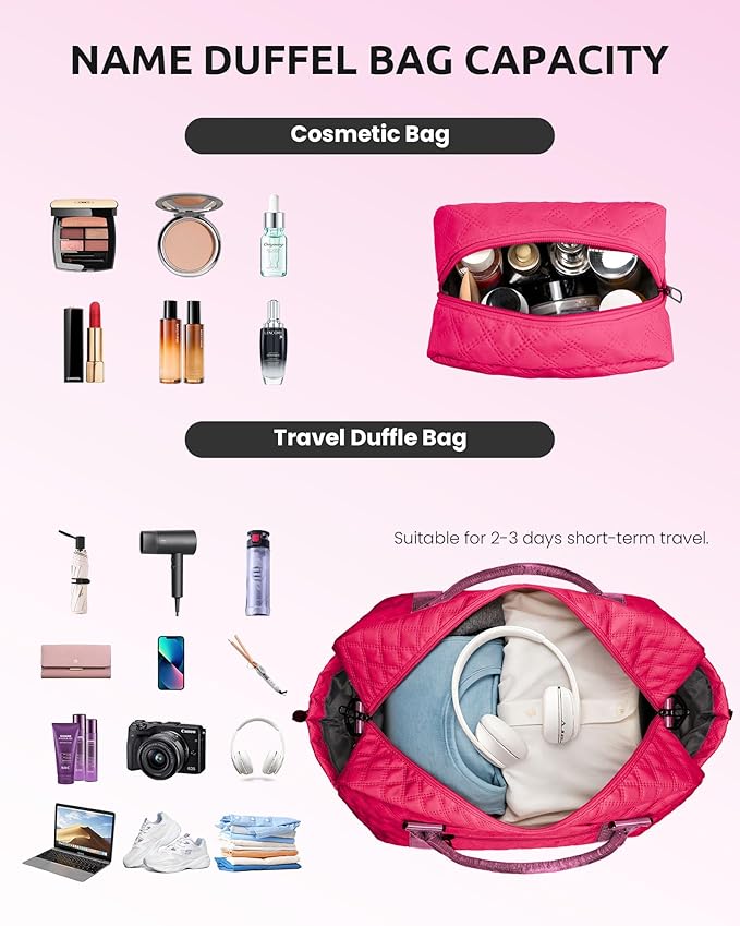 Gifts for College Girls, Personalized Initial Travel Bag with Shoe Compartment, Hot Pink, 12" x 7" x 2"
