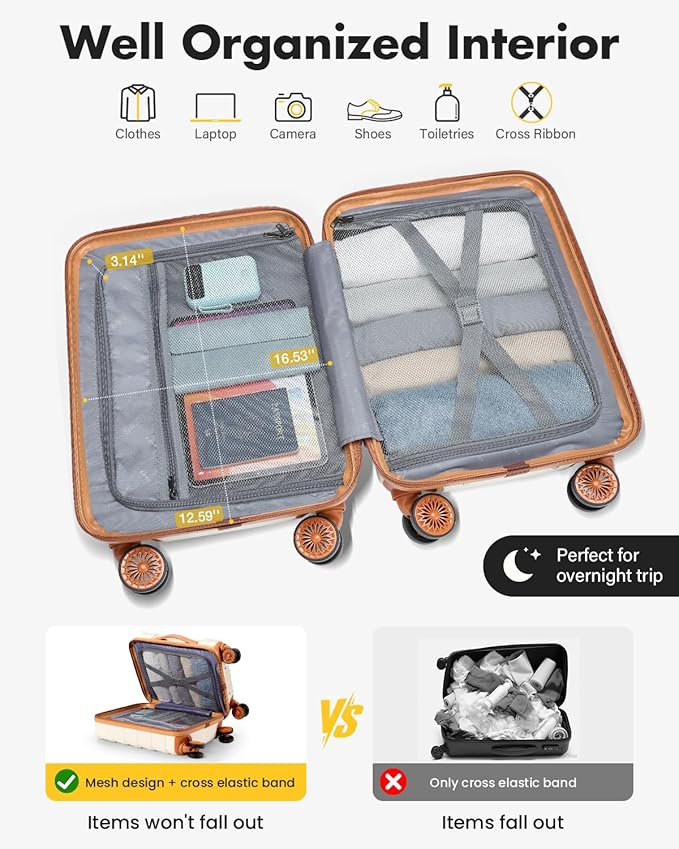 Lekesky 16 Inch Underseat Carry On Luggage Airline Approved, Small Hard Shell Suitcase with TSA Lock Spinner Wheels, Lightweight Personal Item Carry-On for Travel, Beige-Brown