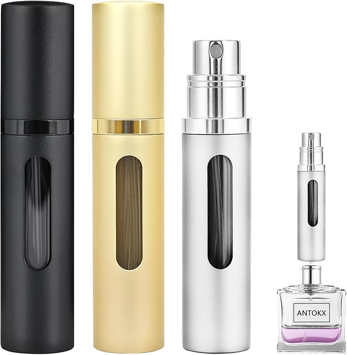 Perfume Travel Refillable Atomizer - 3-Pack 5ML Pocket Perfume Bottle, Travel Perfume Atomizer Refillable Perfume Spray Bottle, Portable Perfume Sprayer (Black & Gold & Silver)
