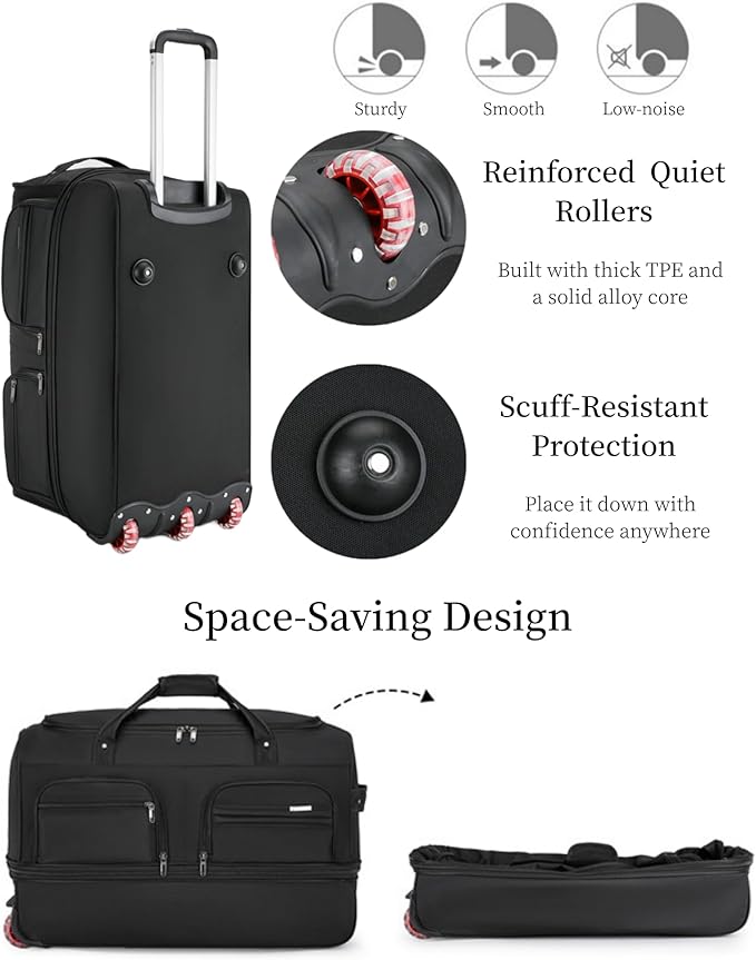 Expandable Rolling Duffle Bag with Wheels, 24" Foldable Carry On Luggage Suitcases, Water-Resistant Travel Duffle Bag Carry On Suitcase Weekend Bag for Women Men