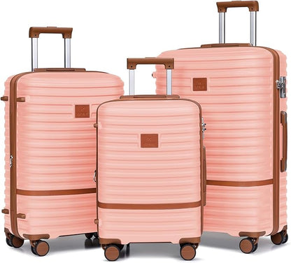 Joyway Luggage Set 3 Piece Suitcase Sets with Spinner Wheel,Hardside Expandable Travel Laggage with TSA Lock (13/20/24/28 Pink brown