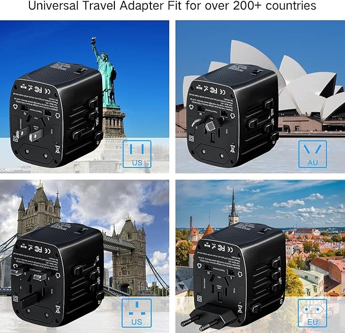 International Travel Adapter Voltage Converter Steps Down 220V to 110V for Cell Phones, Laptops, and Curling Irons, US to UK, Europe, Australia, and More Than 200 Countries(Black)