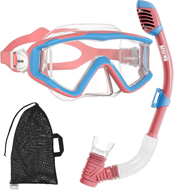 Aegend Snorkeling Gear for Adults Youth Kids, Dry Snorkel Set Panoramic View Enhanced Anti-Leak and Anti-Fog Technology, Adjustable Strap for Snorkeling Scuba Diving Swimming with Mesh Bag