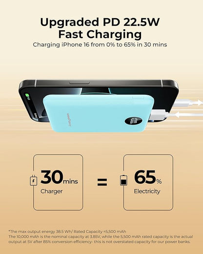 Small Portable Charger 10000mAh, Mini Power Bank with LED Display, 22.5W PD Fast Charging USB-C Battery Pack, Compact Lightweight Travel Charger Compatible with iPhone Samsung Android, Blue
