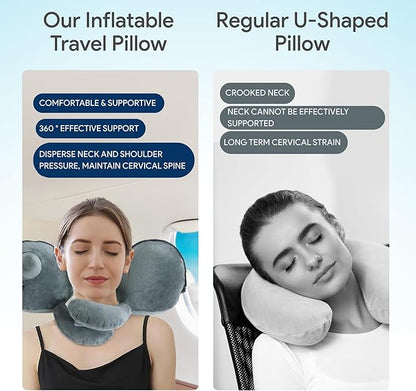 Inflatable Travel Neck Pillow for Airplane & Long Flights | 360° Cervical Support | Ultra-Compact & Lightweight with Washable Velour Cover | Easy Manual Pump Inflation