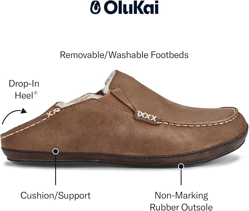 OLUKAI Moloa Slipper, Men's Premium Leather Slip-On Shoes, Soft Genuine Shearling Lining & Gel Insert, Drop-In Heel & All-Day Comfort