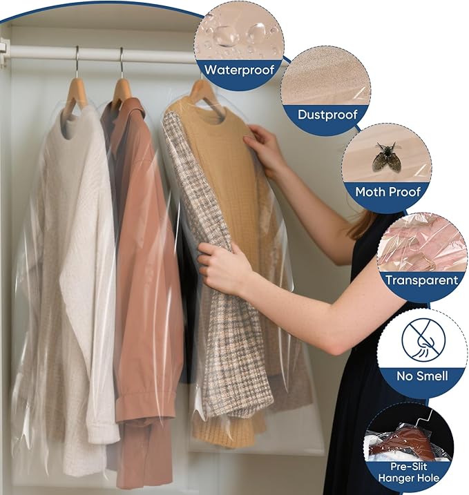 100 Pack 23.6"x70" Garment Bags for Hanging Clothes, Thick Clear Plastic Dry Cleaning Covers for Closet Storage & Travel