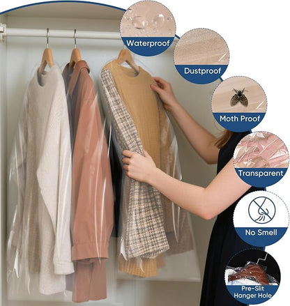 100 Pack 23.6"x55" Garment Bags for Hanging Clothes, Thick Clear Plastic Dry Cleaning Covers for Closet Storage & Travel