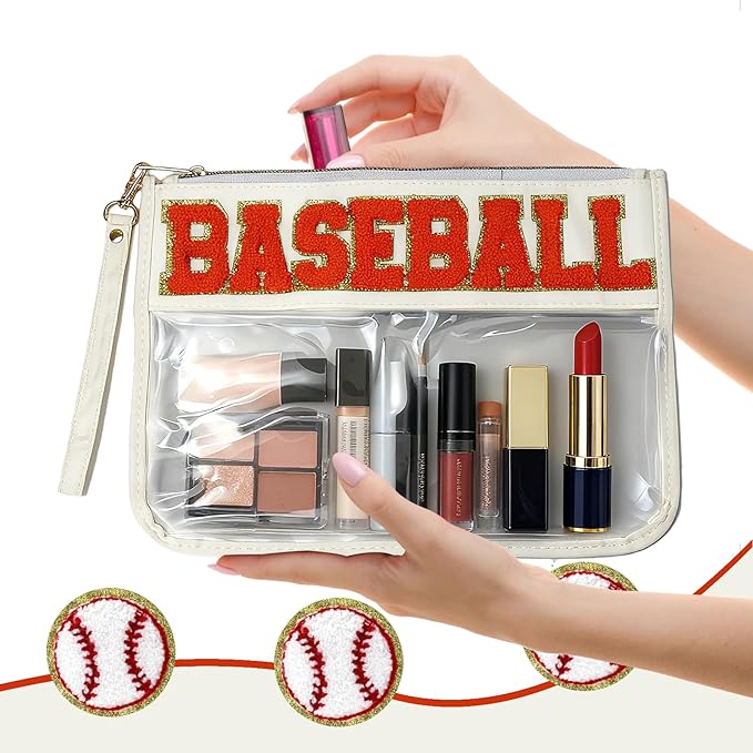 2 Pcs Baseball Gifts Makeup Bag with Chenille Letter Patch,with Handles Baseball PVC Waterproof Clear Makeup Bag,Portable Toiletry Storage Bag,Players & Fans Birthday, Team or Sports Lover Presents
