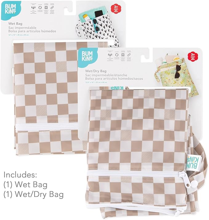 Bumkins - Waterproof Wet and Wetdry Bags - For Beach, Baby, Travel, Swim Suit, Cloth Diapers, Pump Parts, Pool, Gym, Toiletries - Reusable & Easy to Clean - Beige Check - 2 Pack