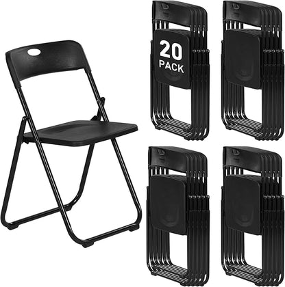 20 Pack Black Plastic Folding Chairs, Indoor Outdoor Portable Stackable Commercial Seats with Steel Frame for Home Office Wedding Party Events Kitchen Dining, 350lb Capacity