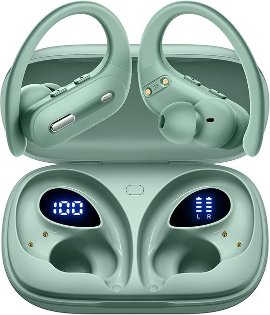 Active Noise Cancelling Wireless Earbuds Bluetooth Headphones 90 Hrs Playtime Ear Buds with Power Display Over-Ear Earphones with Earhooks IPX7 Waterproof Stereo Transparency Headset for Sports/Gym
