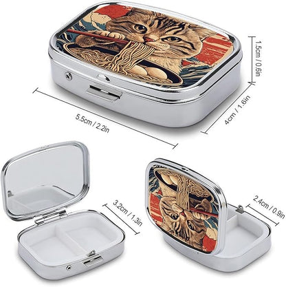 Metal 2 Compartment Pill Organizer Travel Friendly Portable Compact Pill Box Cute Pill Case,for Pocket Wallets Daily Portable Medicine Vitamin Tablet Storage (A cat Eating Noodles)
