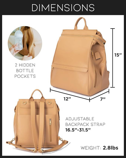 MIA + SOPHIA Leather Diaper Bag Backpack with USB Charging Port, Changing Pad, Stroller Straps, Bottle Holder (Brown Sophia)