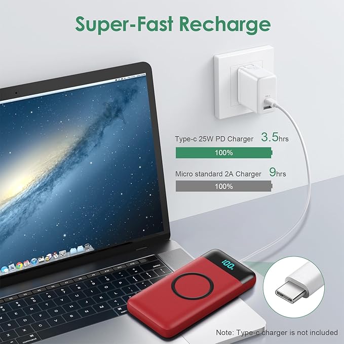 Wireless Portable Charger 30,800mAh 15W Wireless Charging 25W PD QC4.0 Fast Charging Smart LED Display USB-C Power Bank,4 Output& 2 Input External Battery Pack Compatible with iPhone,Samsung etc-Red