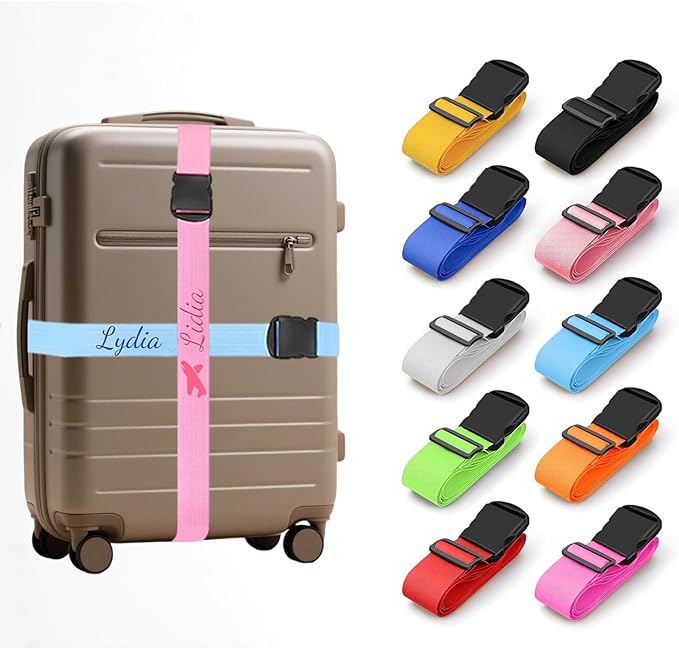 Personalised Suitcase Straps with Embroidery, Adjustable Luggage Strap with Quick-Release Buckles, Secure & Thick Luggage Straps for Suitcases, 80 Inch Custom Travel Belt for Luggage (4 Pieces)