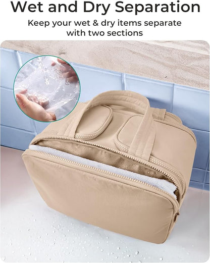 BAGSMART Travel Toiletry Bag, Puffy Toiletry Bag for Women, Wide-open toiletry bags for traveling, Large Travel Cosmetic Makeup Bag Organizer for Accessories,Toiletrie (Khaki)