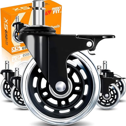 Office Chair Wheels for Casters Replacement - 3" Rubber Wheels for Computer Gaming Desk Caster Smooth & Safe Rolling for All Floors Hardwood and Carpet-Set of 5, 2 with Safety Brakes,3 No Brake, Clear