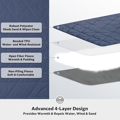 STOVER Large Waterproof Outdoor Stadium Blanket– Extra Thick Soft Fleece Camping Blanket for Travel, Picnics, Sports, Dogs– 79"x55", Warm, Windproof, Sand-Proof, Lightweight, Packable (Glacier Blue)