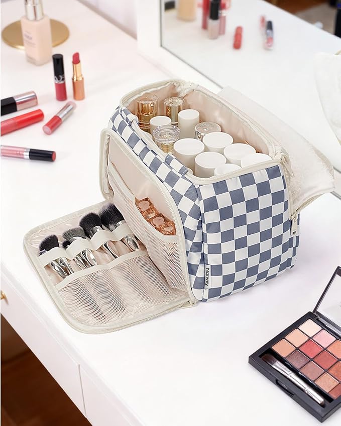 Narwey Large Travel Toiletry Bag, Wide-open Travel Bag for Toiletries, Toiletry Bags for Traveling Women,Cosmetic Make Up Makeup Bag Organizer with Wet Pocket, Skincare Bag (Greyish Blue Checkerboard)