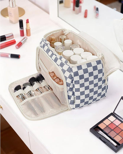 Narwey Large Travel Toiletry Bag, Wide-open Travel Bag for Toiletries, Toiletry Bags for Traveling Women,Cosmetic Make Up Makeup Bag Organizer with Wet Pocket, Skincare Bag (Greyish Blue Checkerboard)