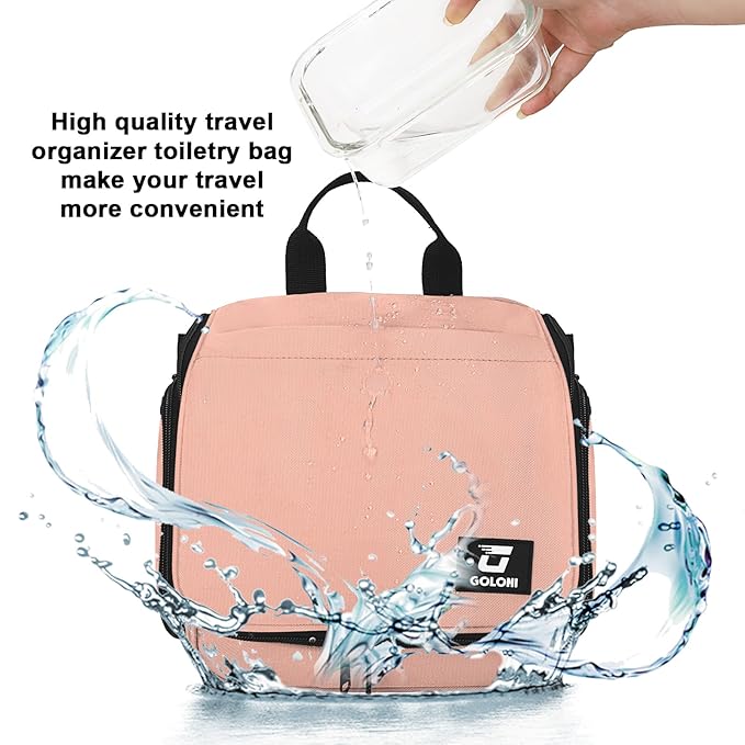 Goloni Hanging Toiletry Bag with Hook, Large Makeup Bag Travel Organizer, Water-Resistant Hanging Cosmetic Bag with 10 Compartments for Women & Men,Pink