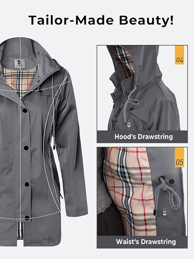 SaphiRose Women's Long Hooded Rain Jacket Outdoor Raincoat Windbreaker