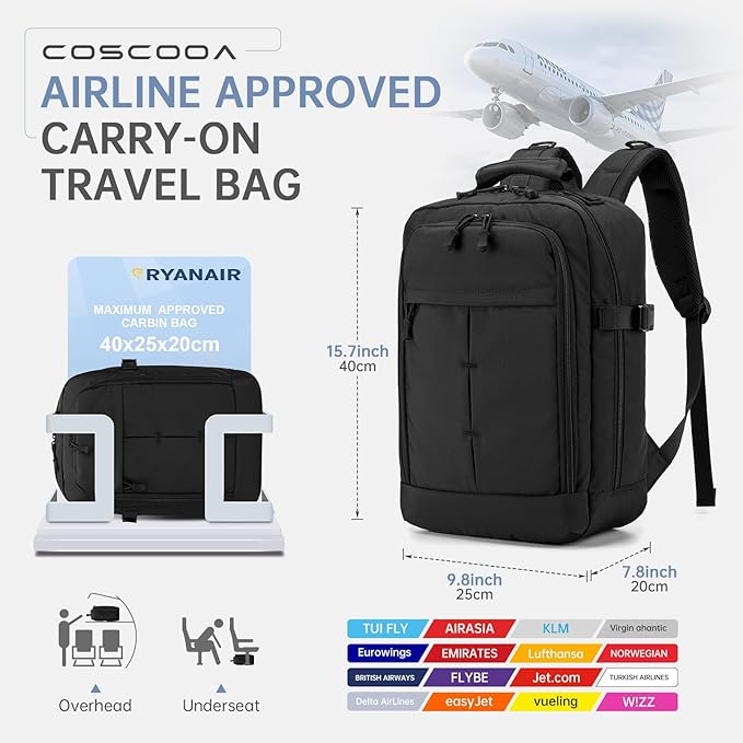 United Airlines Personal Item Bag 17x10x9 inch,Small Travel Backpack 20L,Flight Approved Underseat Ryanair 40x20x25 CM Carry on Luggage Bag,Mochila de Viaje,Cabin Size Backpack Black