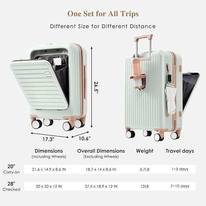 Merax 4-Piece Luggage Set with USB Charging Ports Suitcase with TSA Lock Travel Duffel Bag Wet-Dry Toiletry Bag, grey green+Bag
