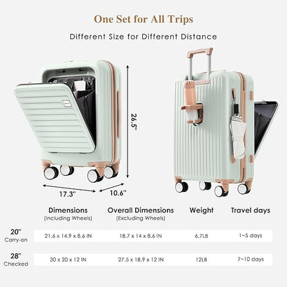 Merax 4-Piece Luggage Set with USB Charging Ports Suitcase with TSA Lock Travel Duffel Bag Wet-Dry Toiletry Bag, grey green+Bag