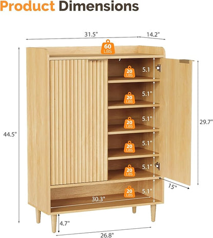 VINGLI Shoe Cabinet with Fluted Doors, 6 Tier Large Wooden Entryway Shoe Storage Cabinet with Adjustable Shelves,44.5" Tall Modern Freestanding Shoe Rack Organizer for Entryway, Hallway, Closet,Oak
