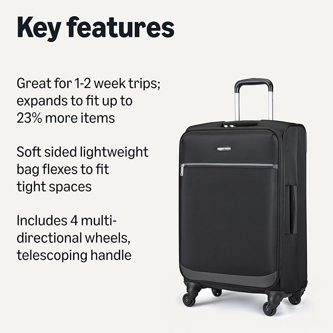 Amazon Basics Luggage, 23" Medium Checked Softside Suitcase With Wheels, With Four 360-Degree Multi-directional Spinner Wheels, Expandable Space, Zippered Pocket and Straps, Telescopic Handle, Black