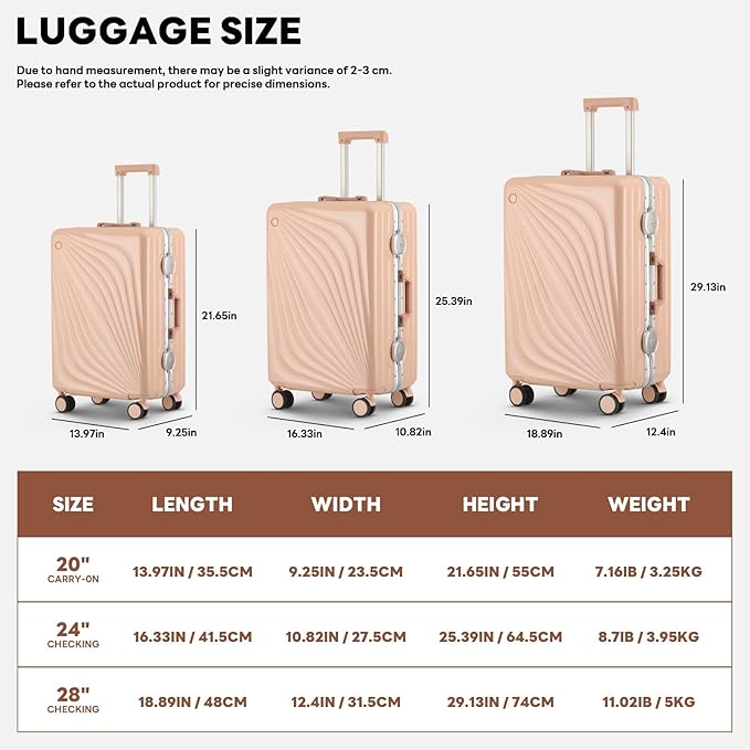 3-Piece Hardside Luggage Sets Aluminum Frame, 20+24+28 Inch Suitcases with USB Charging Port, Foldable Cup Holder, TSA Locks & Spinner Wheels for Travel, Light Pink