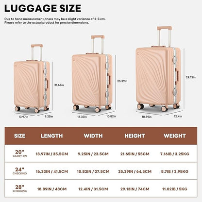 3-Piece Hardside Luggage Sets Aluminum Frame, 20+24+28 Inch Suitcases with USB Charging Port, Foldable Cup Holder, TSA Locks & Spinner Wheels for Travel, Light Pink