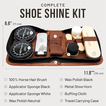 Deluxe Shoe Polish Kit - Portable 7pc Shoe Shine Kit with Genuine Horsehair Brush, Black Shoe Polish, and Clear Shoe Polish - Suede Shoe Cleaning Kit for Sneakers, Leather Shoes, and Boots