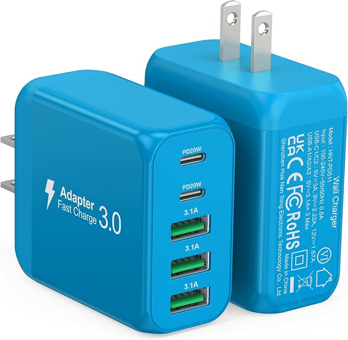 2-Pack USB C Wall Charger Block,60W 5-Port C Charger Fast Charging Block PD Power Adapter +QC 3.0 Multiport Type C Box Charger Cube USB A Wall Plug for iPhone 14/15/16/17 Pro Max,Samsung Galax