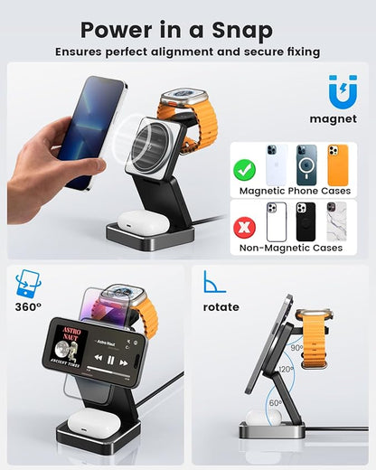 3-in-1 Wireless Charger for iPhone,15W Fast Wireless Charging Station Compatible with Mag-Safe Charger,Magnetic Foldable Travel Charger Stand Nightstand for iPhone 17/16/15/14,Apple Watch&AirPods
